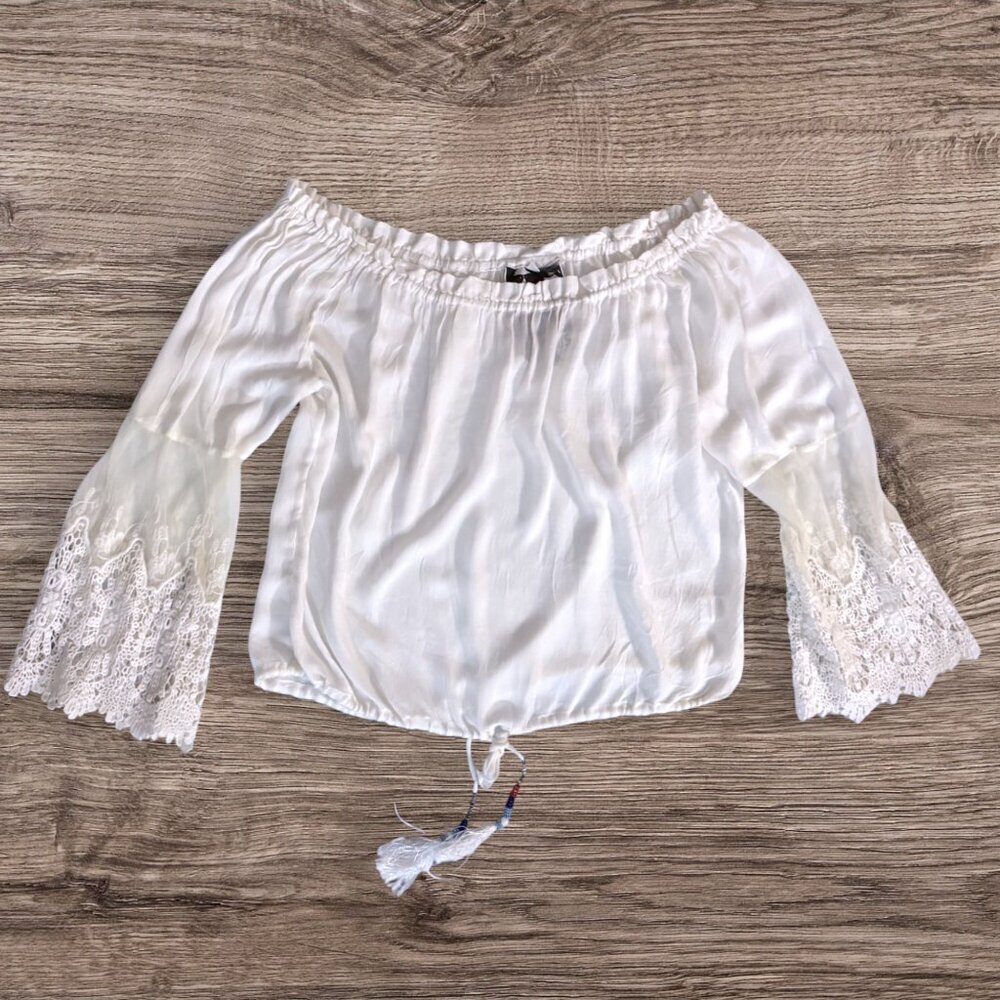 Young Fabulous & Broke White Off Shoulder Silk Lace Bell Sleeve Peasant Blouse L - Picture 2 of 6